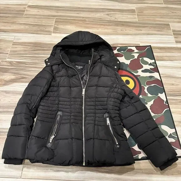 Black Guess Hooded Puffer Jacket with silver zippers - Picture 3 of 8